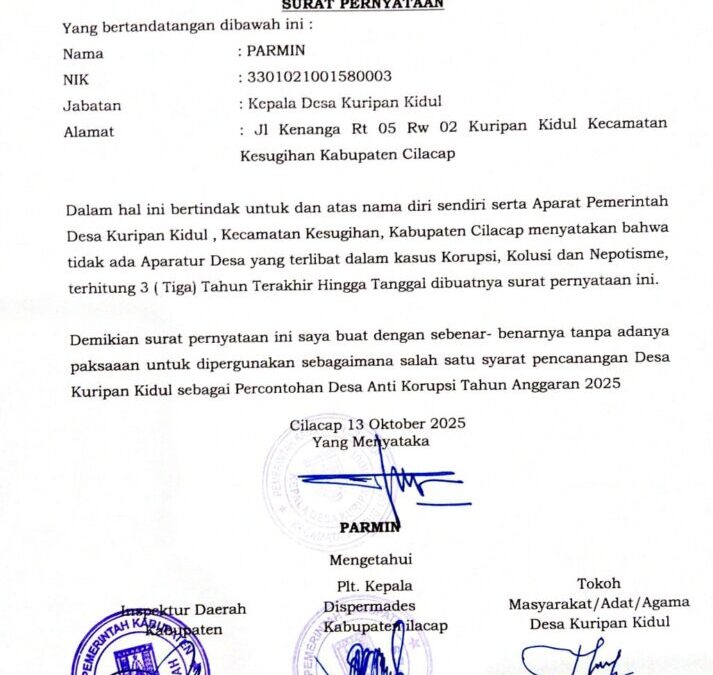 Kepala Desa Kuripan Kidul Nyatakan Tidak Ada Aparatur Desa Terlibat KKN melalui Surat Pernyataan